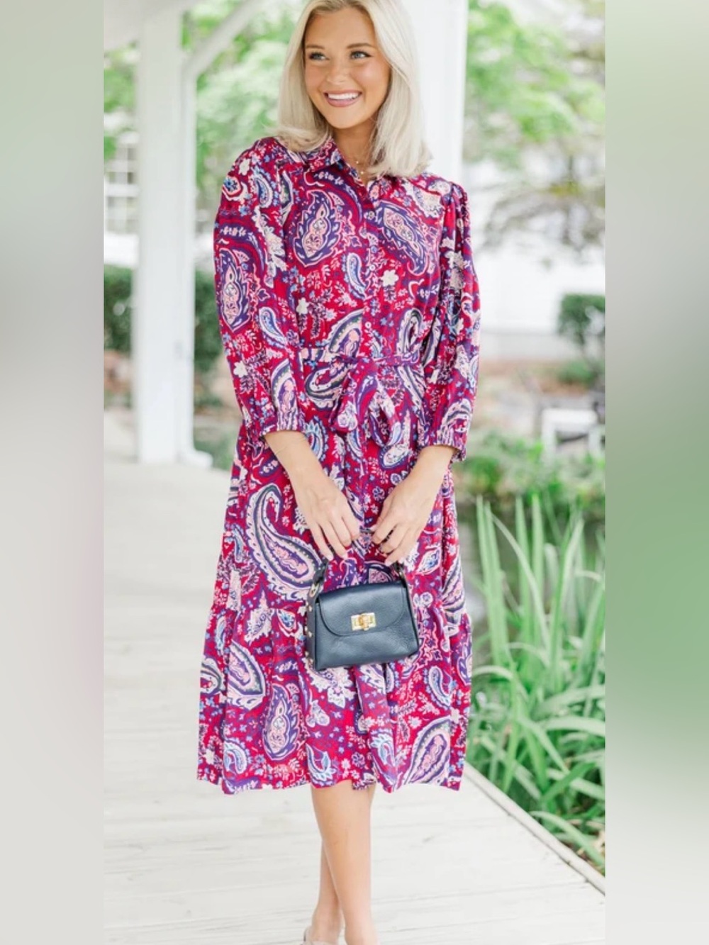 Paisley Button-Front Midi Dress in Burgundy by zinger